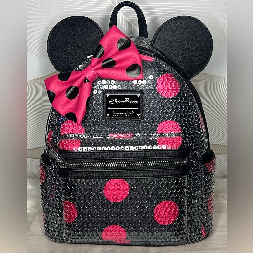 •SOLD• Disney Parks Loungefly Sequined Pink Polka Dot Mini Backpack NWT
